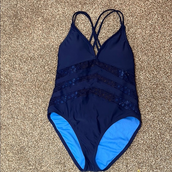 Mossimo navy with lace inlay swimsuit - Picture 1 of 5